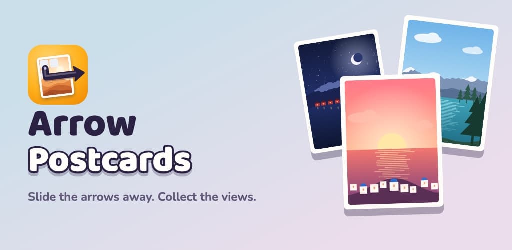 Arrow Postcards: three hand-drawn postcards next to the game's title
